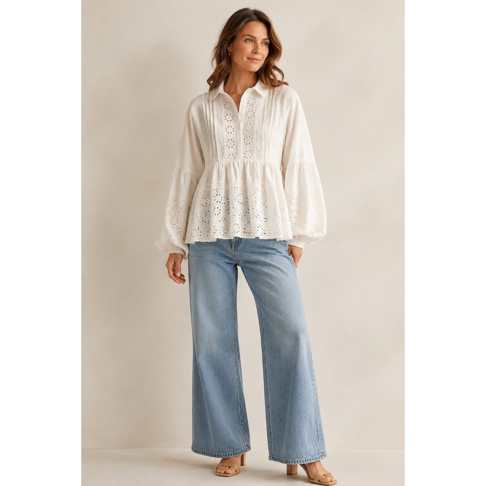Kings Road Ivory Eyelet Cotton Blouse Boho Cottagecore Fairycore Peplum Top L